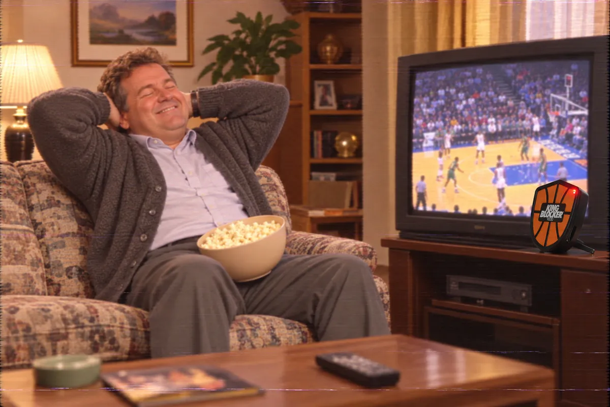 After: the same man relaxes and smiles, with a King Blocker 9000 next to the TV