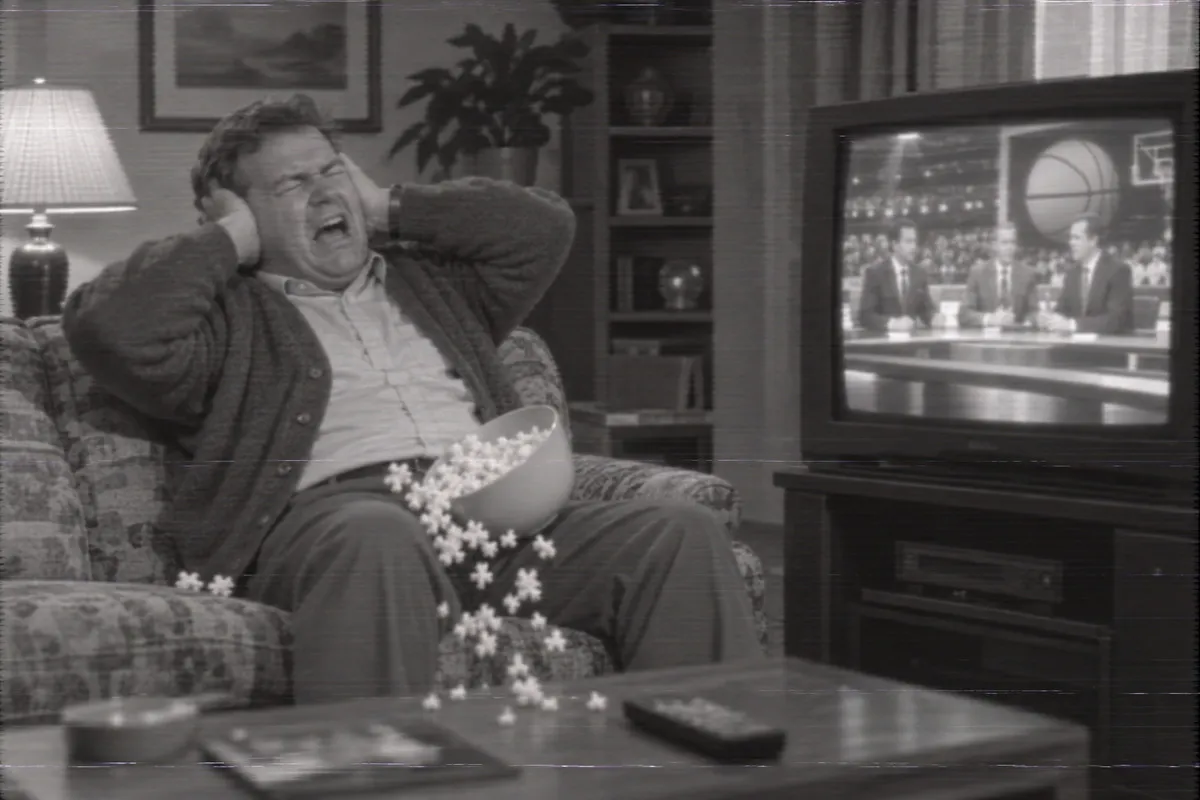 Before: a man on his couch covers his ears while a sports talk show plays