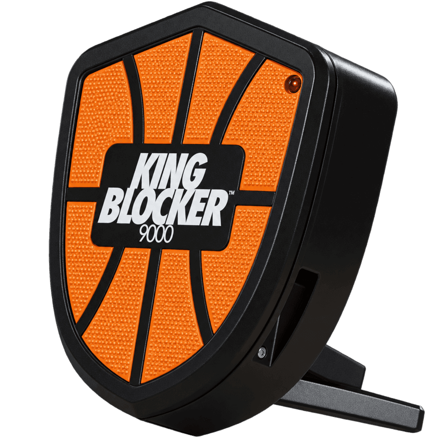 The King Blocker 9000: a black shield with an orange basketball face, a red light and a kickstand