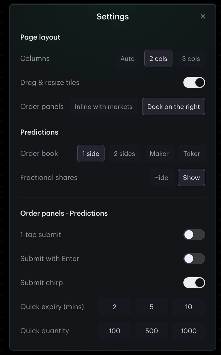 The Kalshi Pro Settings panel: page layout and column controls, order book view, fractional shares, and the order panel submit and quick-expiry preferences.