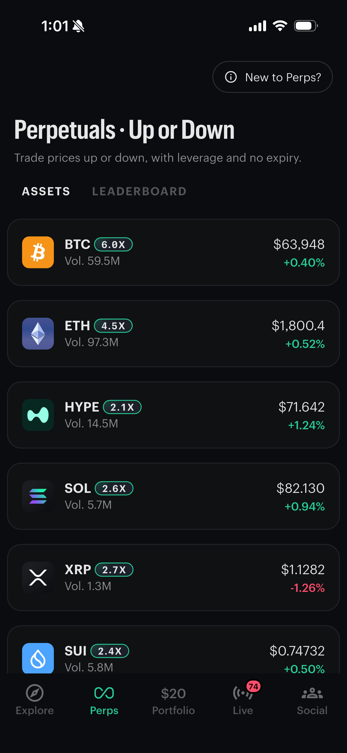 Kalshi Perpetuals asset list showing BTC, ETH, HYPE, SOL, XRP and SUI with max leverage and prices