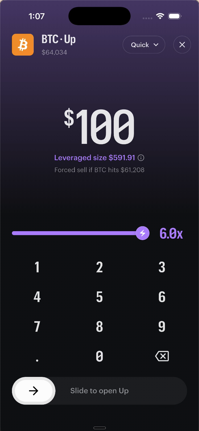 Order entry screen: $100 upfront cash, 6x leverage, and a slide-to-open control